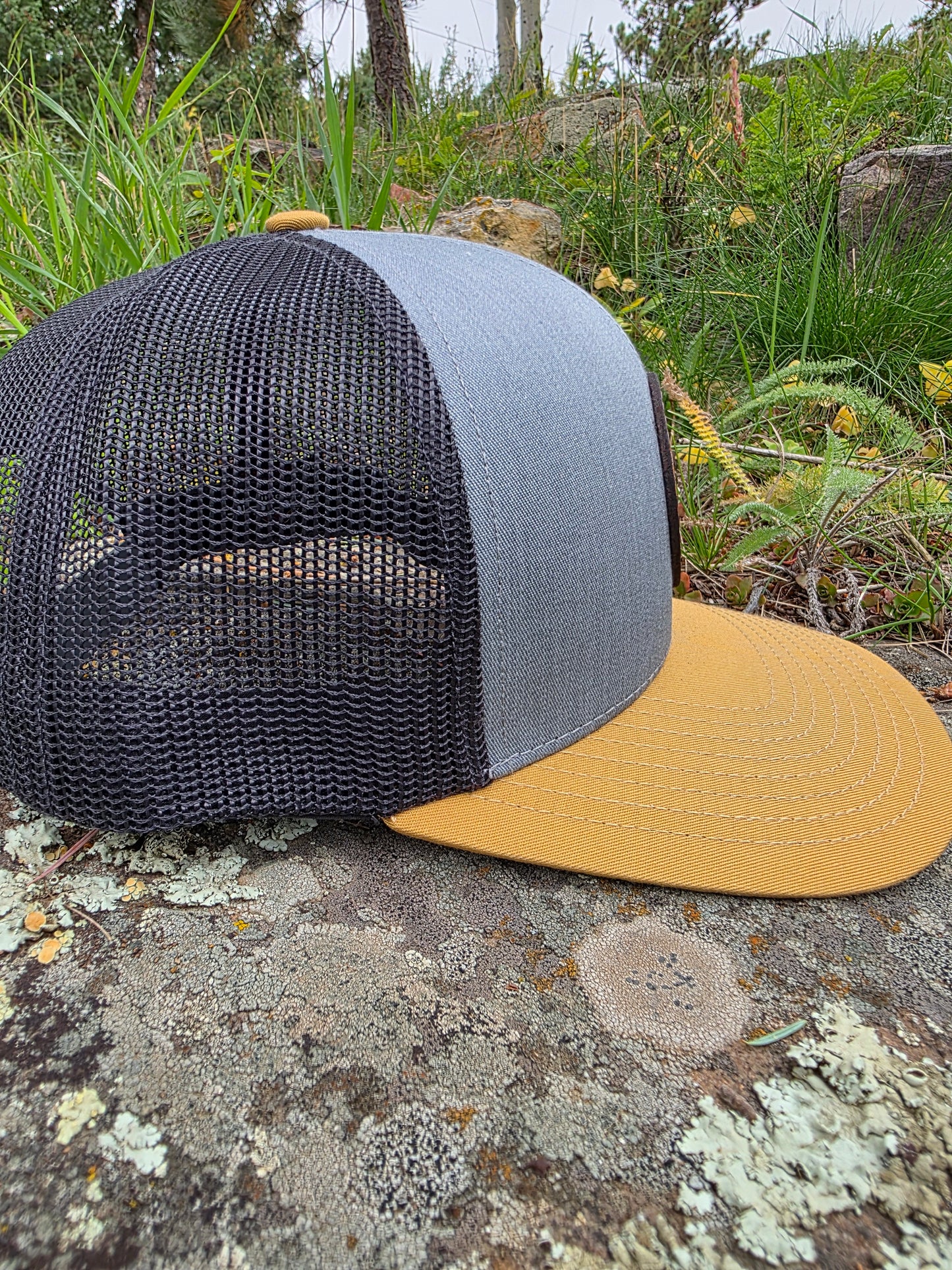 Mountleisure - Sun Mountain Threads Leather Patch Trucker Hat CoO 8,465 Amber/ Grey/ Black